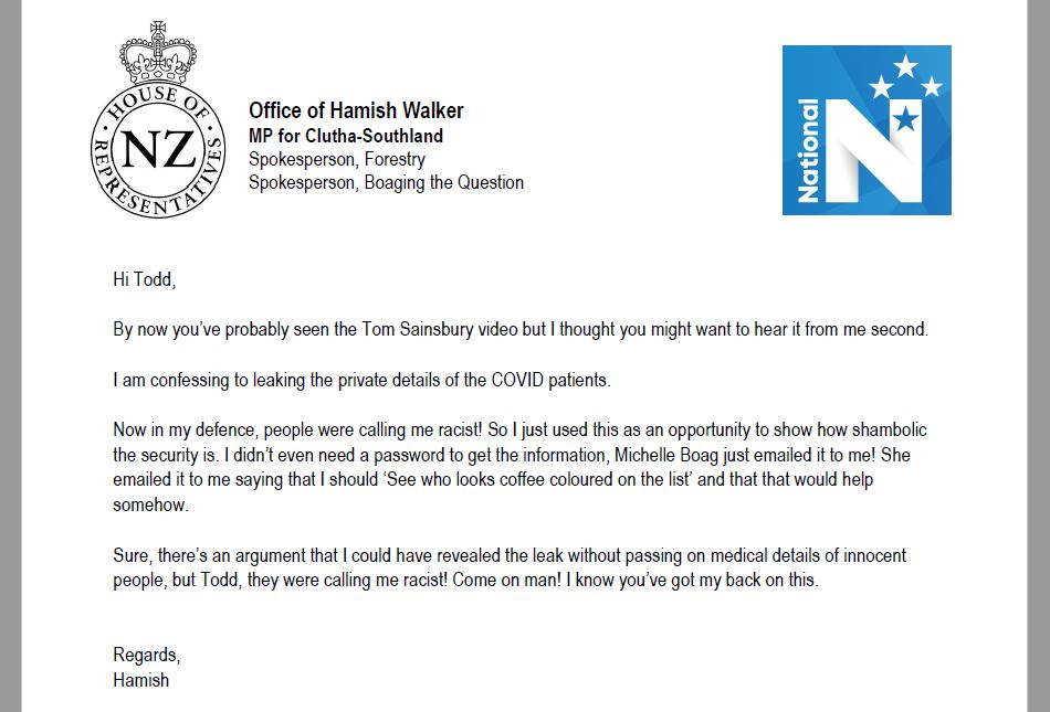BeehiveLetters's tweet photo. Hamish Walker to Todd Muller
RE: COVID Patient leak
#nzpol #satire https://t.co/ZX7nNXhskd