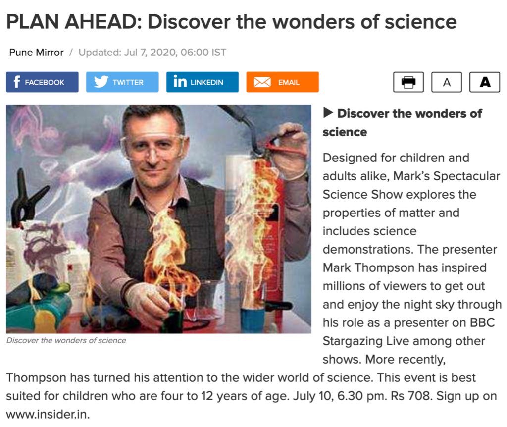 BlankSlateEnt's tweet photo. Mark Thompson's Spectacular Science Show is featured in today's @ThePuneMirror! Check it out!

Streaming at 6:30 pm on 10th July 2020 
@paytminsider @SpecSciShow 

Book now: https://t.co/7htKnmyVaw https://t.co/lKMkt289Gg