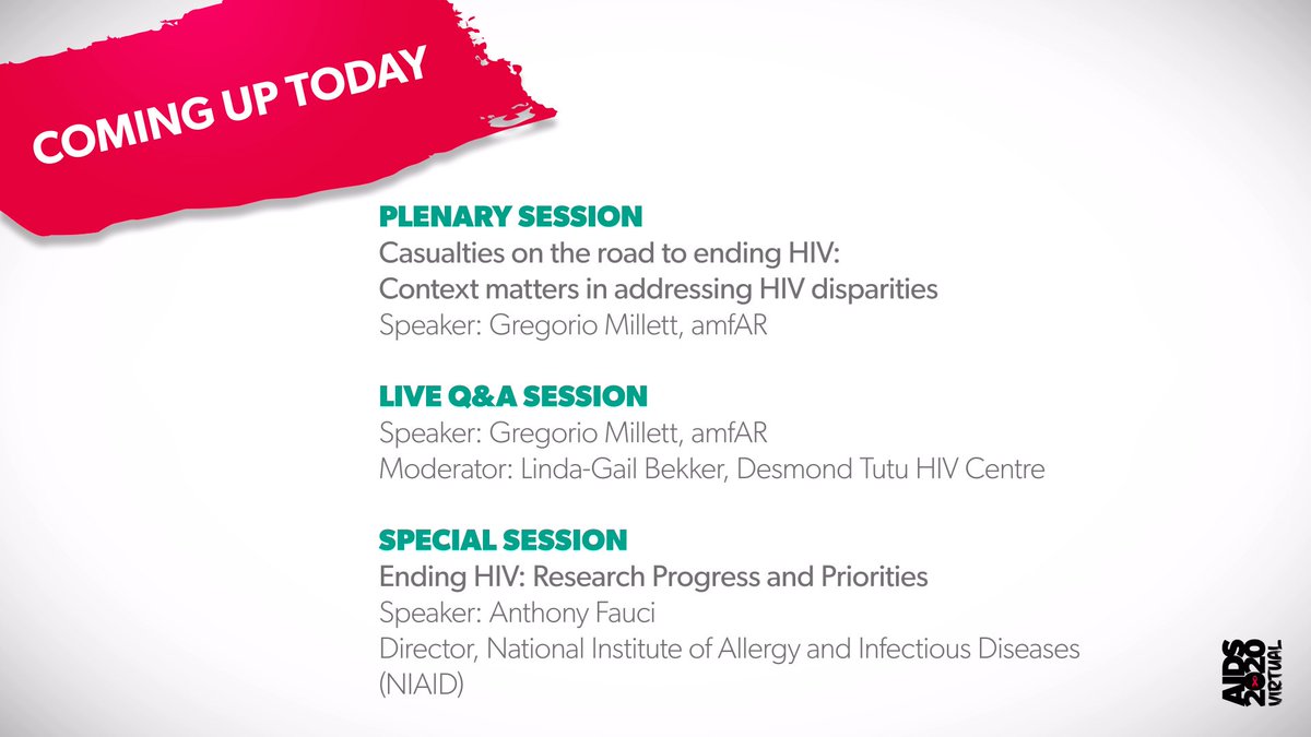 AIDS_conference's tweet photo. The first #AIDS2020Virutal Prime Session kicks off in just under 15 minutes! Featuring @amFAR Director Greg Millett, @niaid Director Dr Anthony Fauci, and IAS Immediate Past President @LindaGailBekker. Delegates watch live in the Auditorium at 16:00 CEST / 07:00 PDT. https://t.co/37zDVwGNJi
