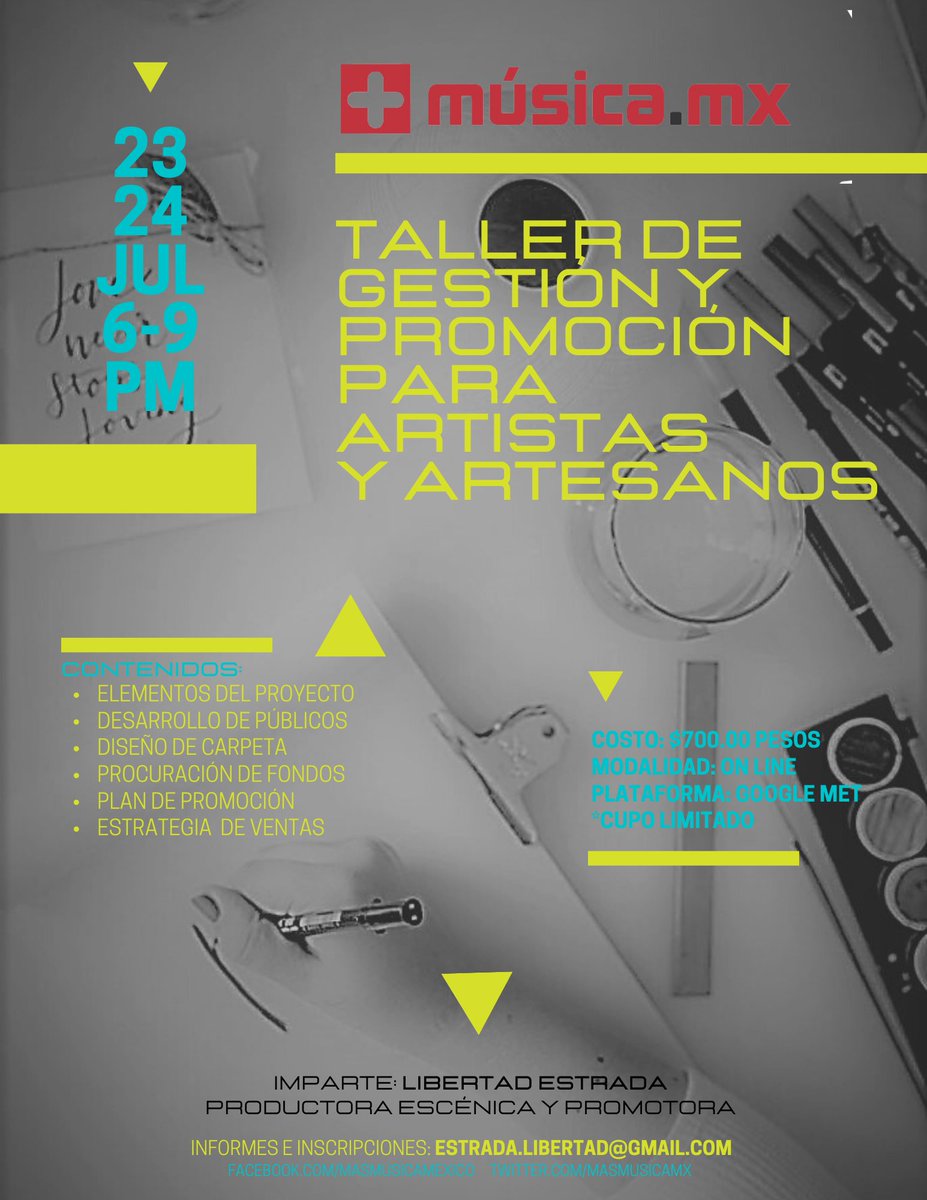 masMUSICAmx's tweet photo. ✍️ Taller de Gestión y Promoción para artistas para conocer y aplicar el uso de herramientas de promoción, visibilidad y posicionamiento💃🕺🎨🎭🎼 
🗓 23 y 24 JUL 2020 ⌚18:00 a 21:00 hrs. (6 horas) desde 
🌐Google Met INFO 📲 9871180147 y  📧estrada.libertad@gmail.com 👉 https://t.co/V4doDDiNiw