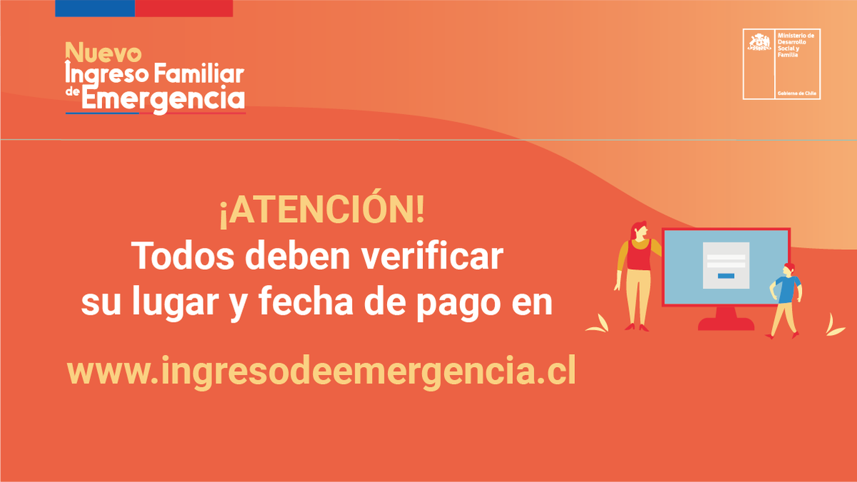 ChileAtiende's tweet photo. 📢¡ATENCIÓN!📢

Revisa tu fecha y lugar de pago del #IngresoFamiliarDeEmergencia 👨‍👩‍👦‍👦💰 en 👩‍💻👨‍💻 https://t.co/g3qwthjOxs

➡Hoy es el depósito del SEGUNDO aporte para quienes informaron una cuenta distinta a la #CuentaRUT (otros bancos)
➡Desde hoy comienzan los pagos presenciales. https://t.co/jPm9IHQshX