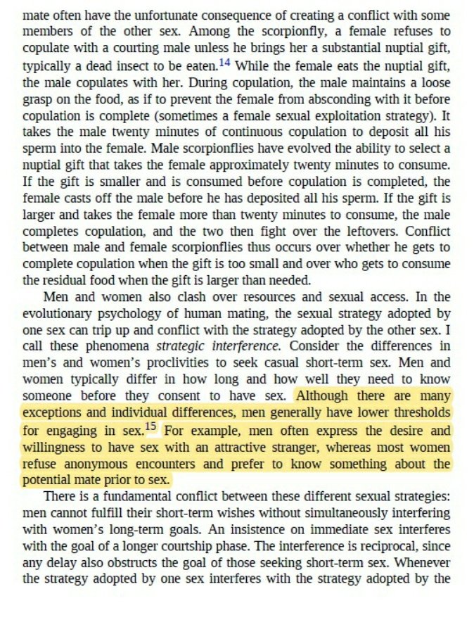 Dalam buku lain, ditulis oleh seorang 'evolutionary psychologist', beliau juga menyatakan perkara yang sama. Dinyatakan bahawa secara umumnya, lelaki mempunyai 'threshold' yang lebih rendah untuk melakukan hubungan seksual.