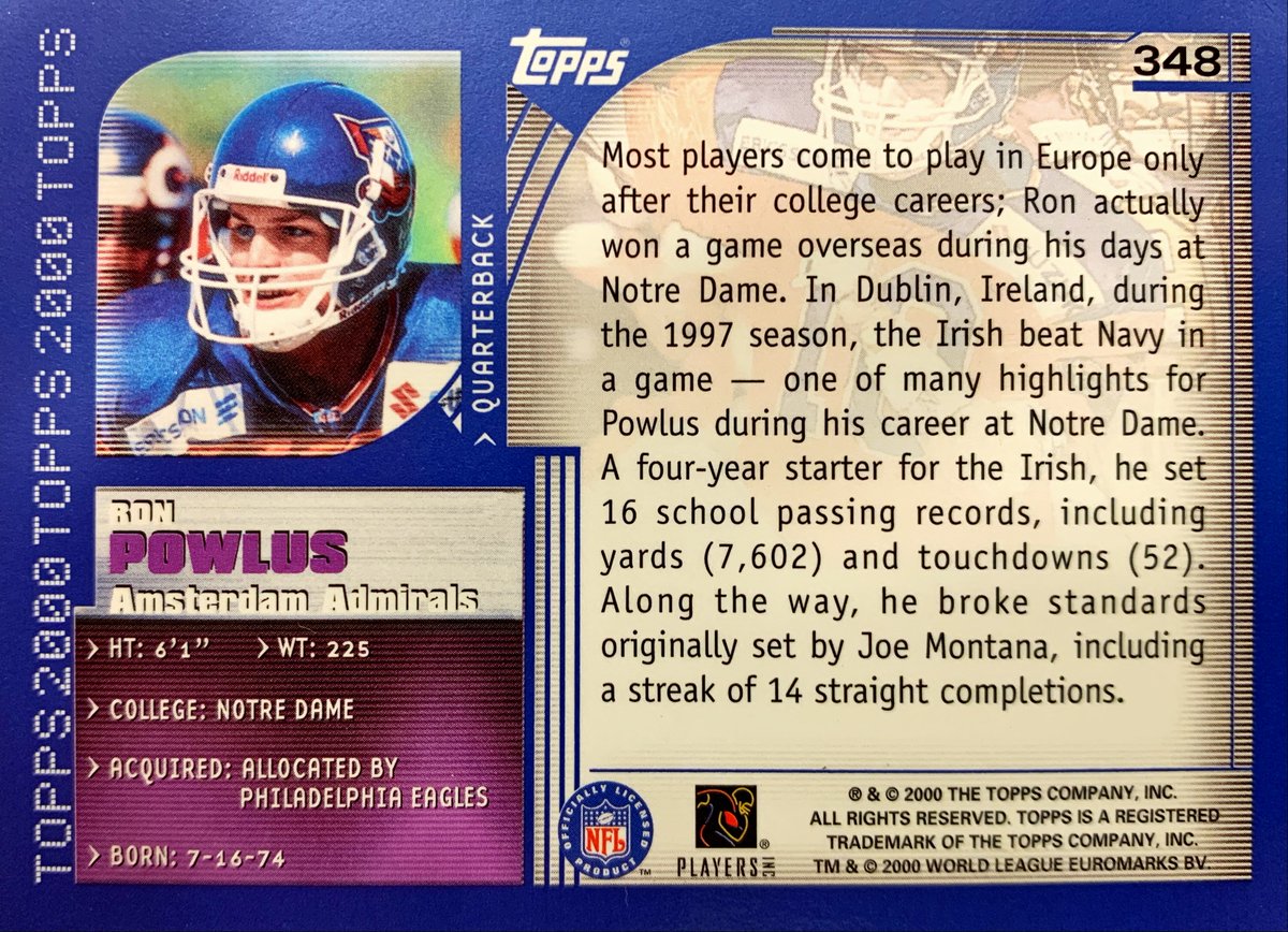 NFLECards's tweet photo. Most players came to #NFLEurope only after their college careers. Powlus won a game overseas during his days with #NotreDame, beating Navy during a 1997 matchup in Dublin, Ireland.

Ron Powlus #AmsterdamAdmirals - 2000 #Topps #348

#NFLECards #NFL #Football #TradingCards https://t.co/R32PzWjCI3