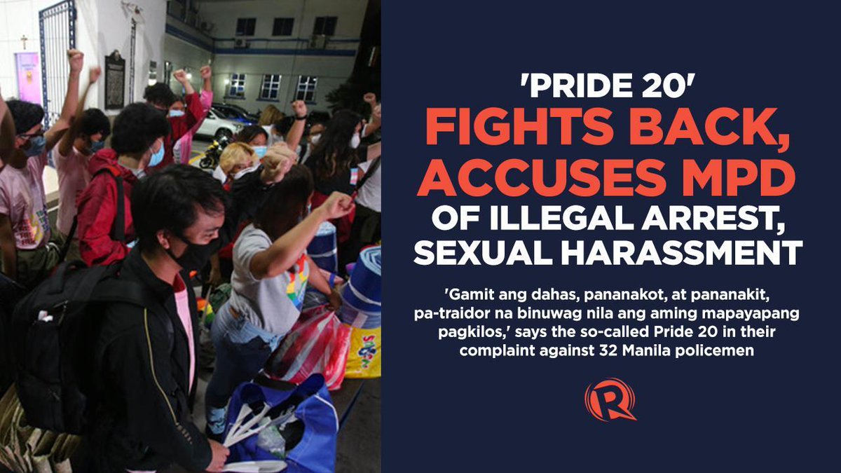 rapplerdotcom's tweet photo. Pride 20, the 20 protesters who were arrested during a Pride march demonstration in Manila, filed complaints against cops of the Manila Police District.

FULL STORY: https://t.co/oPOiUXIqyJ https://t.co/rQMPQccs5A