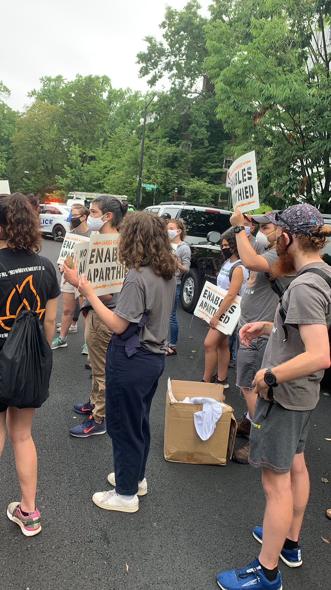 archeostudent's tweet photo. Protesting at Jared Kushner’s house this morning. Collaborating with fascists is not a Jewish value. #ifnotnow #endtheblankcheck #FreePalestine https://t.co/DP2zJjTrEQ