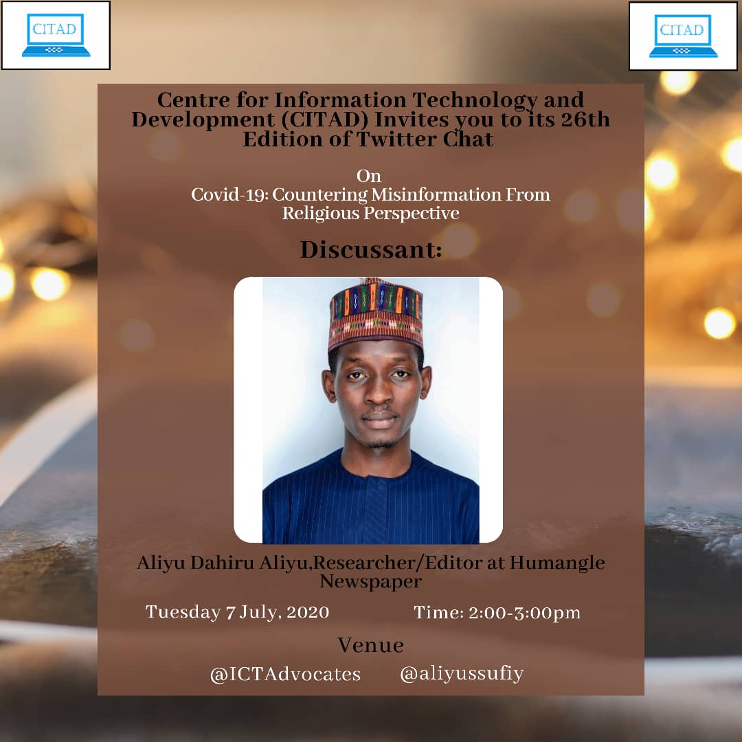 a_sabo12's tweet photo. Good afternoon all,
Please welcome @Aliyussufiy, editor at @HumAngle_ who will be discussing on countering disinformation from religious perspective on the fight against Covid19. @YZYau @fareedear @ICTAdvocates @Mairo_Ado @HariraWakili @ChiromaHope @sagiru_ado @kamalkano https://t.co/I4NURGn07v