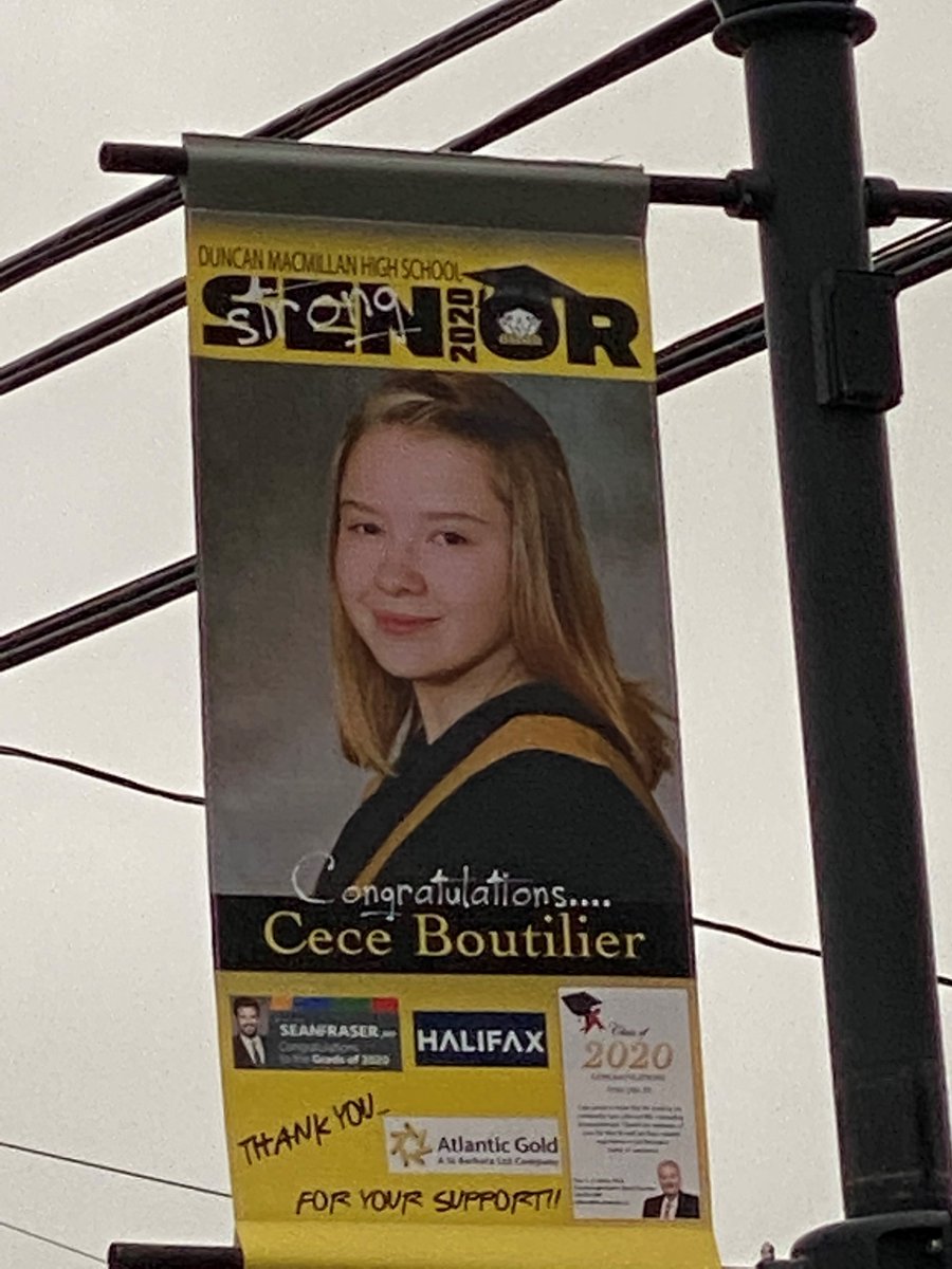 AtlanticGoldCo's tweet photo. Glad to partner with @SeanFraserMP, @lloydphines &amp; @David_Hendsbee to recognize all of the 2020 graduates of @dmhs_duncan.  These banners are hanging throughout #SheetHarbour. Congrats grads! @NS_Energy_Mines @MiningNS @HRCE_NS @hfxgov #NSClassof2020 #nspoli https://t.co/OfFIPzioVP