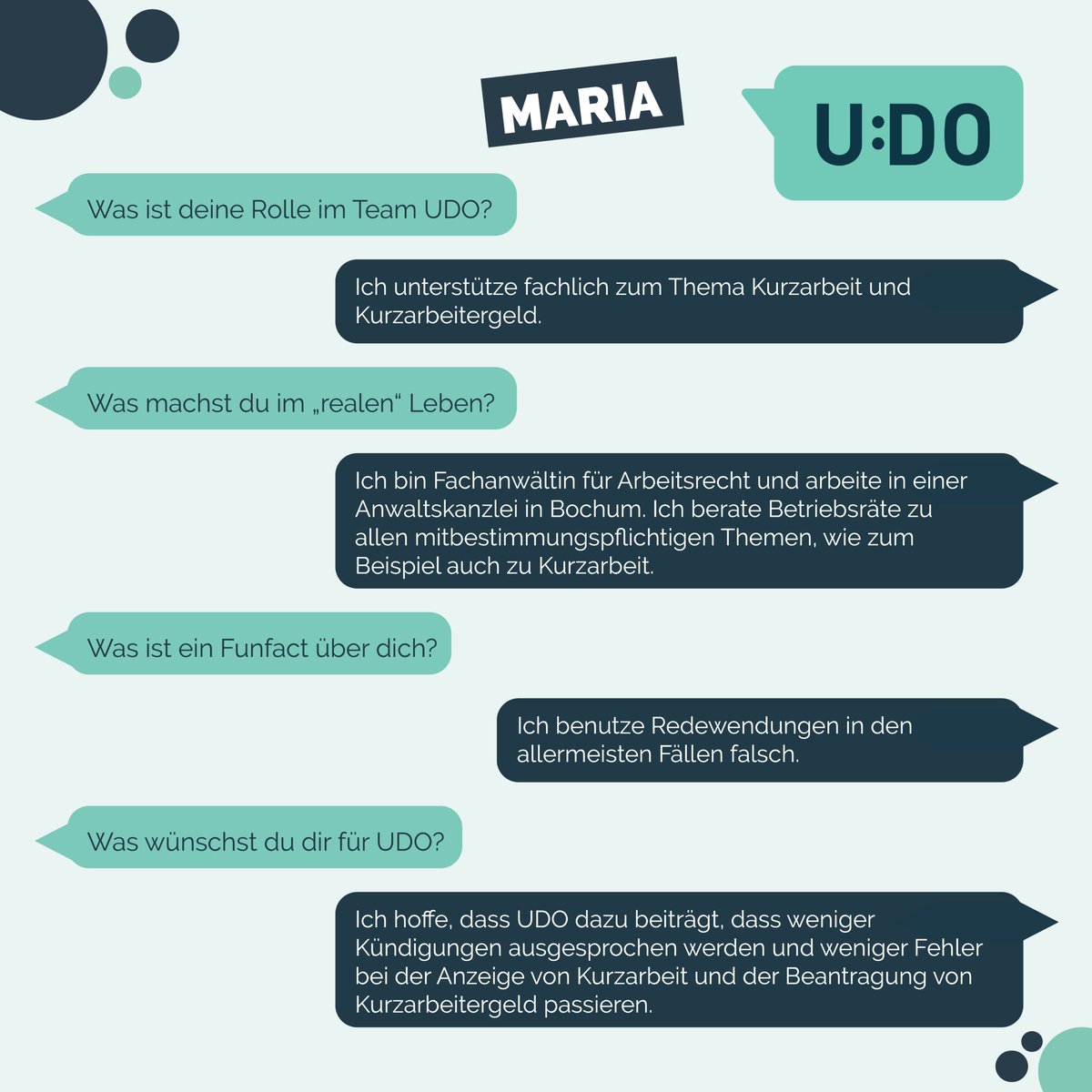 #teamvorstellung
Die fachliche Beratung zu den Themen Kurzarbeit und Kurzarbeitergeld erhält UDO von Maria. Sie ist Fachanwälting für Arbeitsrecht und unterstützt mit großem Einsatz in allen rechtlichen Fragen. 
#kurzarbeitmitudo #machskurzmitudo #udohilft #kurzarbeiteinfach