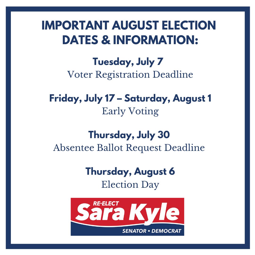 SaraforTN's tweet photo. Take note of today's voter registration deadline and other important dates for the upcoming August elections. #GoVoteTN #VoteSaraKyle https://t.co/gHLg3QdWdP