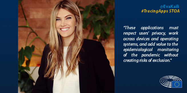 EP_ScienceTech's tweet photo. “#contacttracing apps must respect users' privacy, work across devices and operating systems, and add value to the epidemiological monitoring of the pandemic without creating risks of exclusion." @EvaKaili opens the #TracingAppsSTOA event https://t.co/4iTkXxJkKw