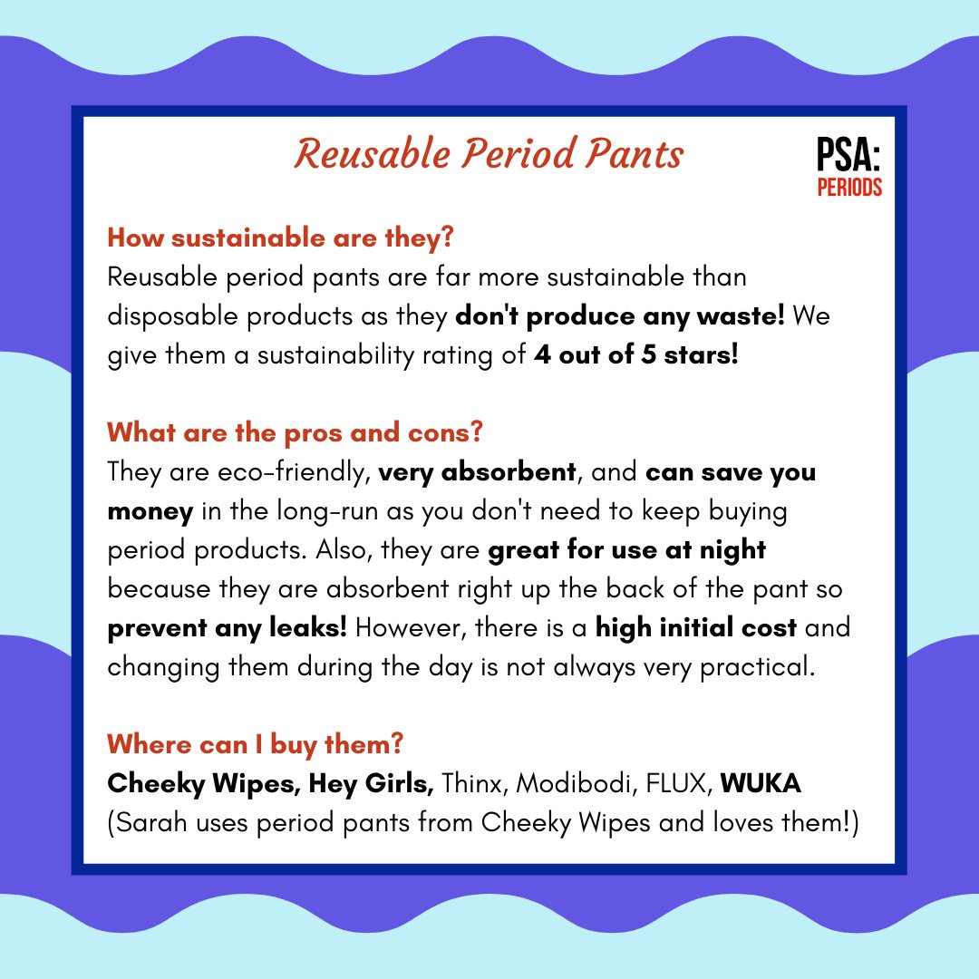 ✨ A GUIDE TO PERIOD PRODUCTS ✨

This week, we are focusing on reusable period pants 🤩 Here is all the info you need to know!

Have you tried period pants? 🌍 Let us know your thoughts and recommendations! 💕

#PSAPeriods #Periods #Sustainable #PeriodPants #PlasticFreePeriod