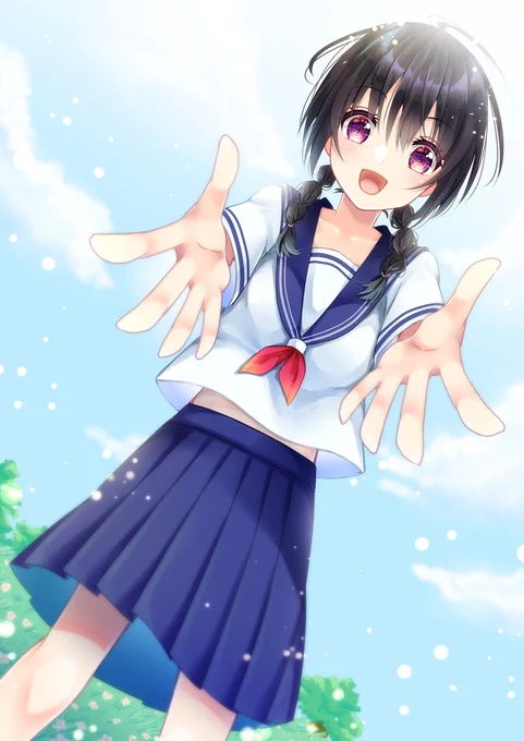 『おいで!』 #オリジナル #創作 #女の子 #セーラー服 #おさげ  