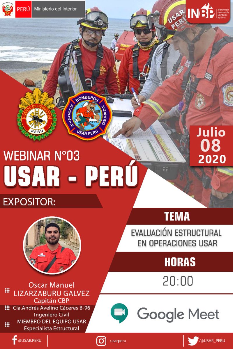 USAR_PERU's tweet photo. Webinar N°03 Evaluación Estructural en Operaciones USAR
Para poder participar llena el formulario adjunto, y te enviaremos el link de acceso el miércoles por la tarde. La sala se aperturará 30 minutos antes del inicio. Capacidad Limitada

https://t.co/eQVaCAkTYc
#Bomberos #USAR https://t.co/siL501cqyl