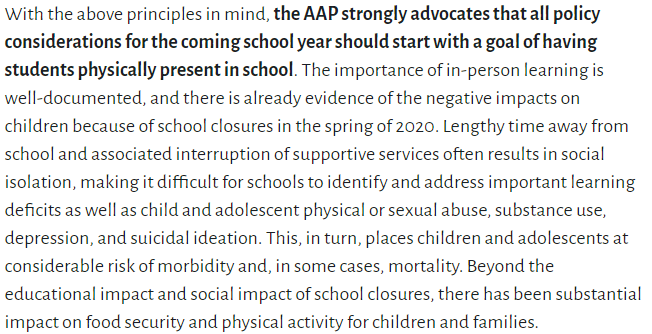 Summary from the American Academy of Pediatrics, the principal medical society for 67,000 pediatricians. https://services.aap.org/en/pages/2019-novel-coronavirus-covid-19-infections/clinical-guidance/covid-19-planning-considerations-return-to-in-person-education-in-schools/