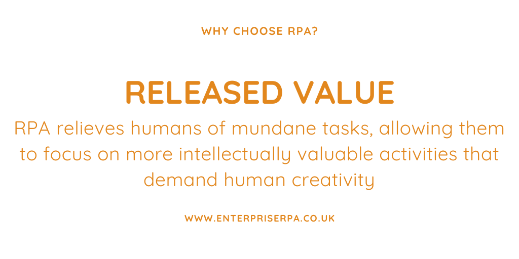 EnterpriseRPA's tweet photo. RPA relieves humans of mundane tasks, allowing them to focus on more intellectually valuable activities that demand human creativity #whyrpa #rpa #ai #releasedvalue https://t.co/jTiaR4Xr1v https://t.co/Rra0thfVPa