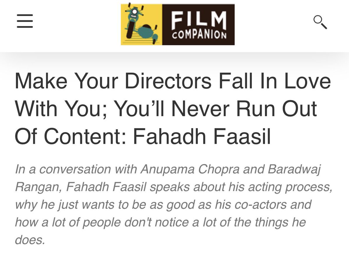 Iamsriman's tweet photo. Undoubtedly one of the Finest Interviews ever read...You literally put out #FahadFaasil and his whole working and thinking Process in front of me while reading...So much to learn from this #IncredibleActor...Being an avid admirer of #fahadhfaasil i must thank you for this one 👍 https://t.co/HB1Vx5v6Pr