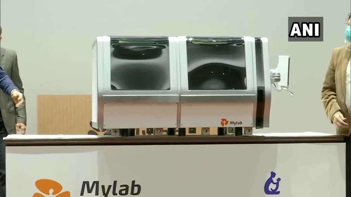 ANI's tweet photo. Pune: India’s 1st fully-automated Sample-to-PCR-ready system for molecular diagnostics, developed by Mylab Discovery Solutions Pvt Ltd &amp;Serum Institute of India, launched today. Institute's CEO tweets 'It can perform 400 tests a day with a single person operating it' #Maharashtra https://t.co/kSG9npAOkt
