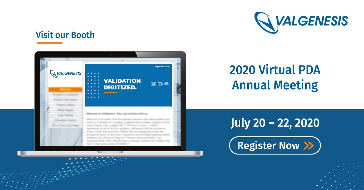 ValgenesisInc's tweet photo. ValGenesis is excited to be a part of this year's Virtual PDA Annual Meeting from July 20 - 22, 2020. Visit & Experience our Virtual booth from anywhere! Register Now: https://t.co/ifJSeA2GXX
#PaperlessValidation #Validation #ValgenesisVLMS #DigitizeValidation #CSV https://t.co/TJnrmpbuIy