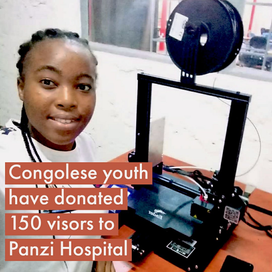 PanziUSA's tweet photo. In this photo, a physics student at the University of Kinshasa is making anti-projection visors to be used on the frontlines against COVID-19 at the Panzi Hospital - where 150 visors have already been sent. Thank you students! https://t.co/CXsbUd4k3Y