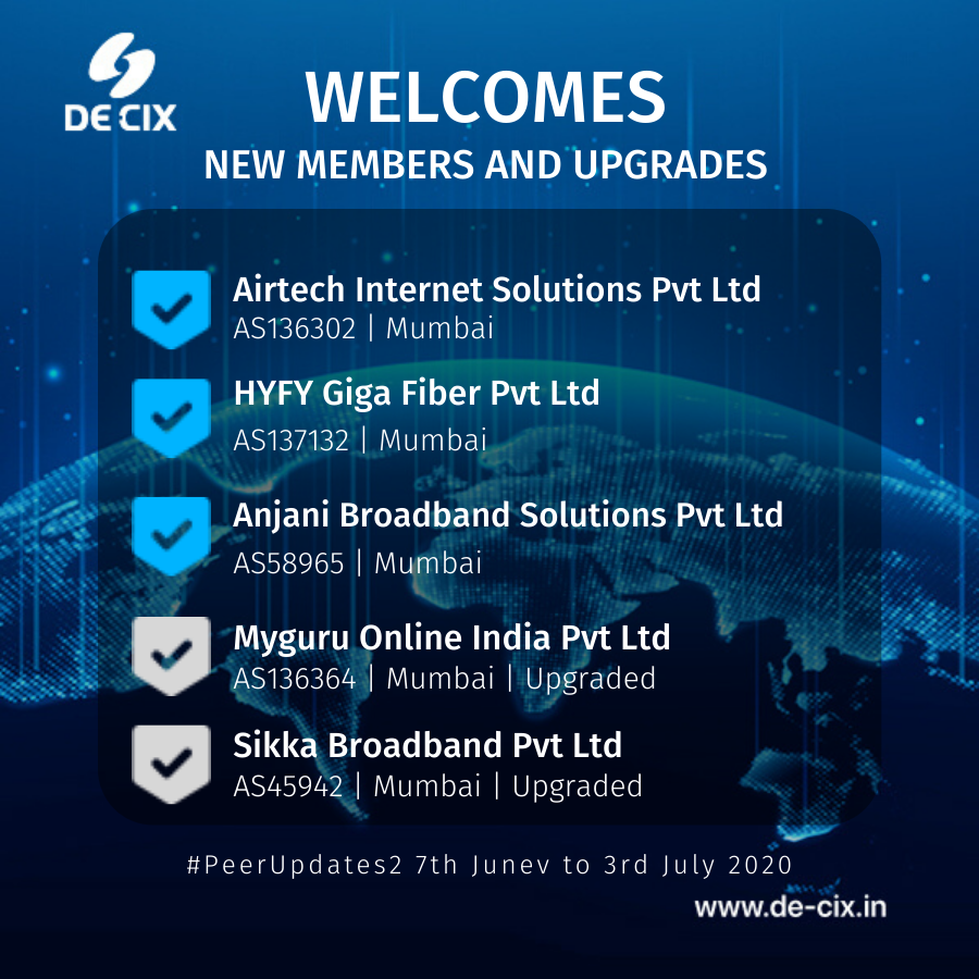 decixindia's tweet photo. DE-CIX Mumbai welcomes the new ISPs and upgrades for the last week.
#DECIXIndia #DECIXMumbai #IXP #ISPs #Upgrades #Peering #IXPinIndia https://t.co/4PcoOS5wrM