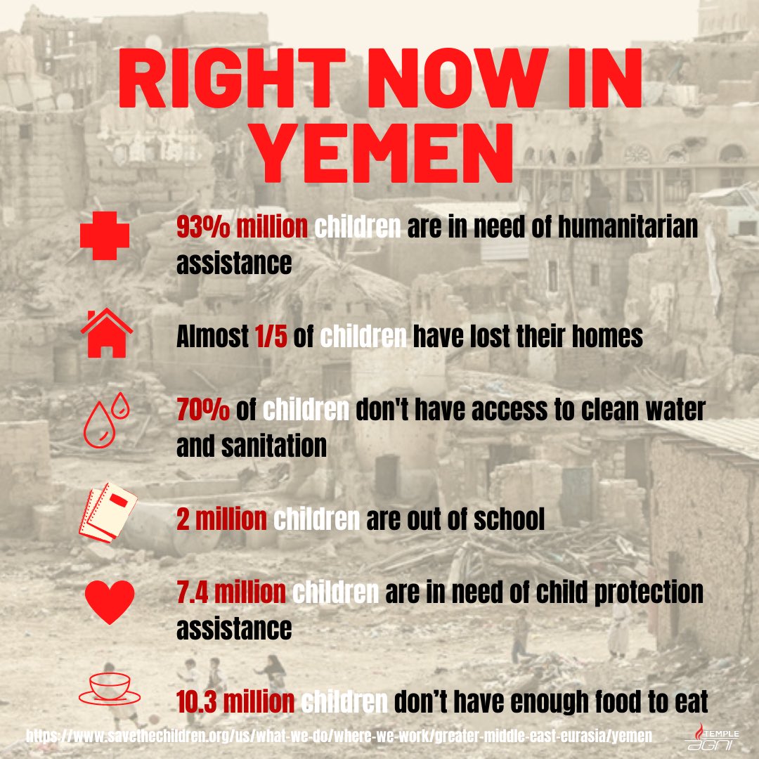 TempleAgni's tweet photo. We are raising donations for Yemen relief. From July 6th to July 18th we will be collecting donations on our venmo @templeagni . Our goal is to collectively collect at least $1,500 in donations! All of the proceeds will be split and donated Baitulmaal and Save the Children. https://t.co/ll8nEWIBdK