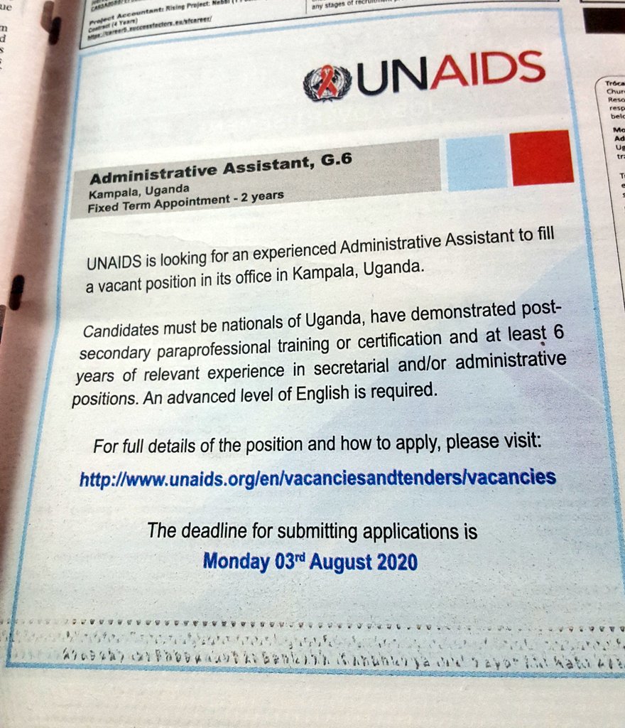 UNAIDS; Administrative Assistant. Deadline - 03rd August.