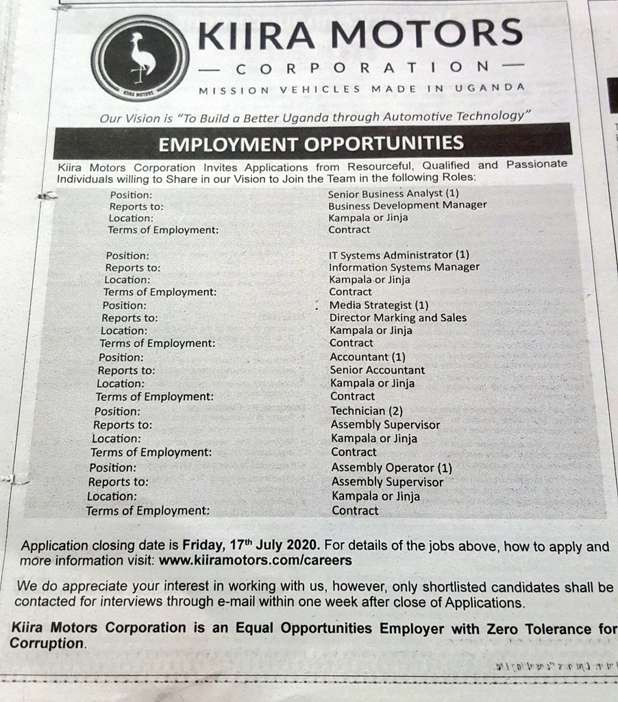 Kiira Motors; Several positions. Deadline - 17th July.