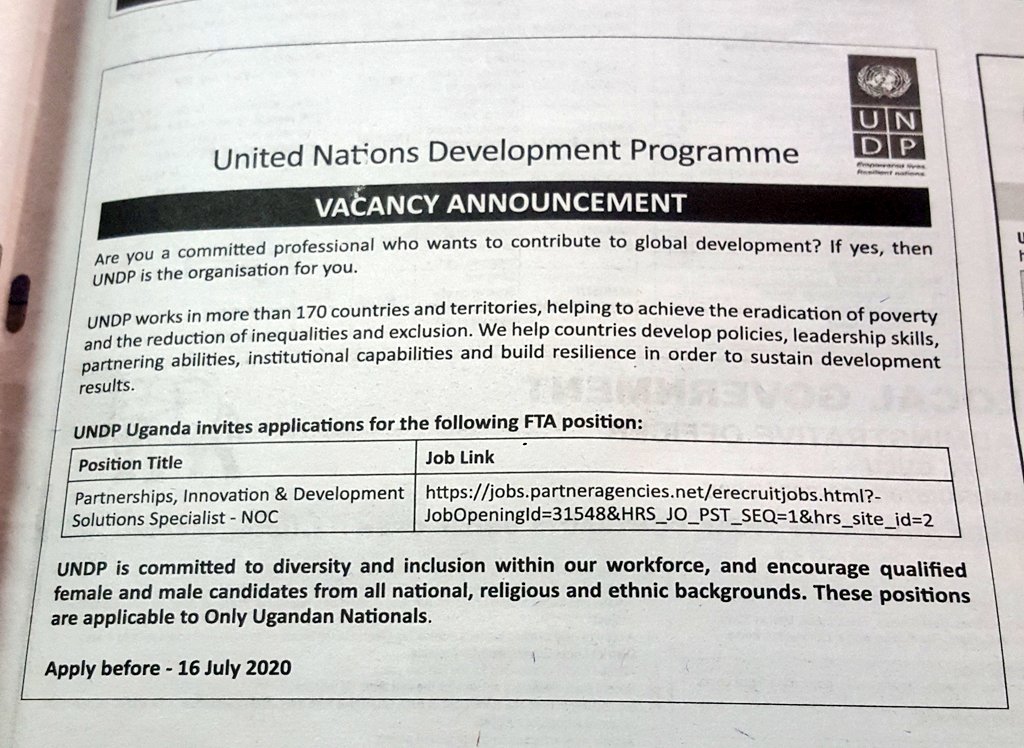 UNDP; Partnerships, innovation and development solutions specialist. Deadline - 16th July.