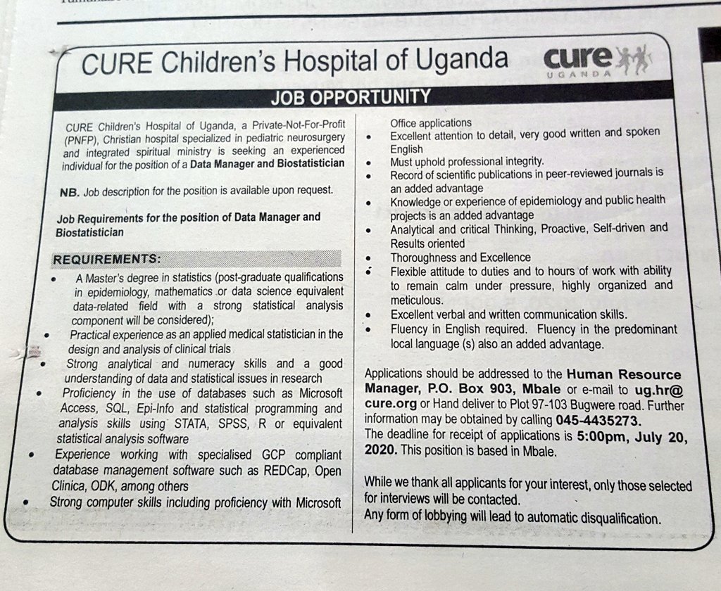 CURE children's hospital; Data manager and biostatician. Deadline - 20th July.