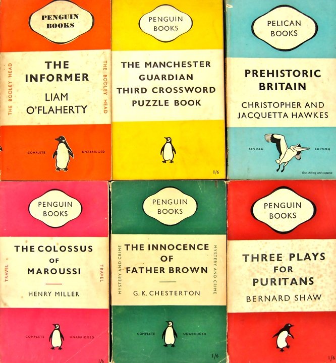 Young also created the original colour code for the different genres of Penguin Books: orange for general fiction, blue for biography, red for plays, pink for travel etc. Graphic Design was to be a Penguin hallmark for many years.