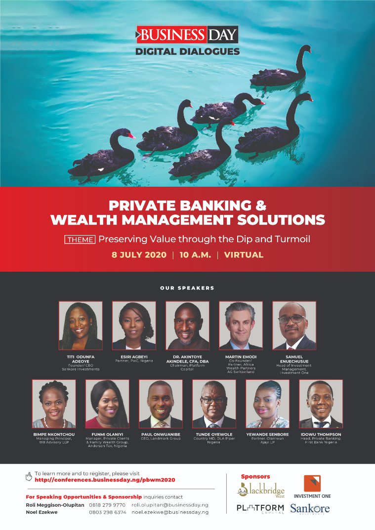 OlajideOyewole's tweet photo. Our Managing Partner, Tunde Oyewole will be speaking at @BusinessDayNg's Private Banking &amp; Wealth Management Solutions conference, themed "Preserving Value through the Dip and Turmoil".
 
Date: Wednesday, July 8. 
Time: 10 AM WAT
 
To register, click here https://t.co/xzJYbTWfCj. https://t.co/Eo40tyNRxn