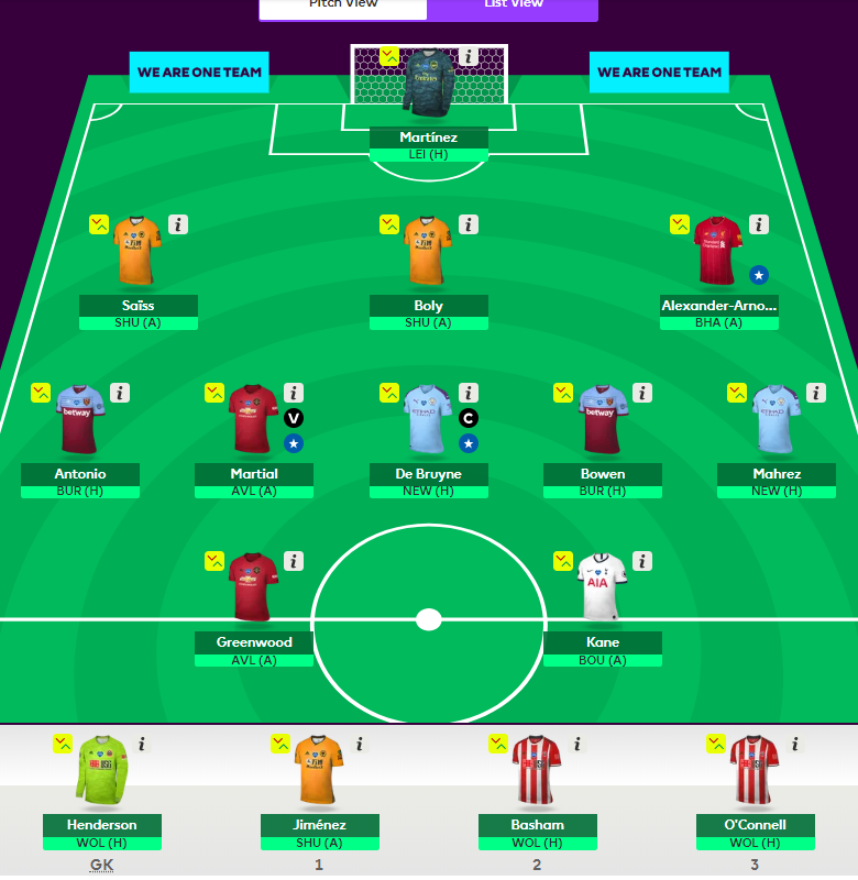 FPL_Obsession's tweet photo. So ... who do I bench?  Hard choices.  Wish I'd saved the bench boost. https://t.co/JswoNUk6xm