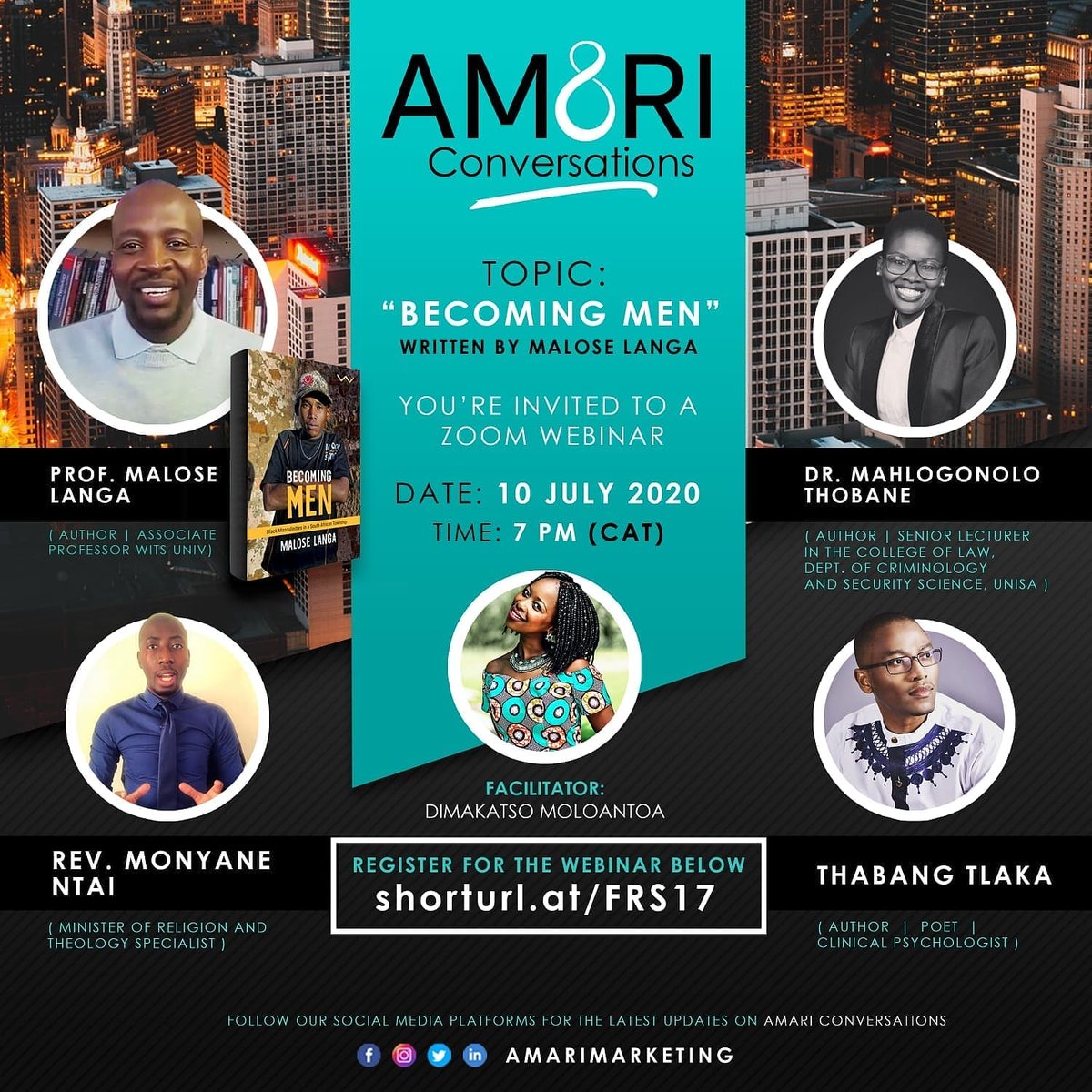AMARI_Marketing's tweet photo. Join us this Friday as we chat about "Becoming Men" with @thabangtlaka @nolo_thobane @monyanentai based on a book written by #MaloseLanga.

#BecomingMen #AmariConversations #AmariMarketing #AMARI https://t.co/ZEbxJPSBZC