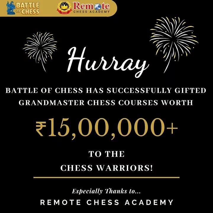 battleofchess's tweet photo. Hurray! 🥳🥳🥳

Battle Of Chess has successfully gifted FREE Grandmaster Chess Course "Crushing The King" by GM Igor Smirnov to over 200+ WARRIORS (worth over 15 Lakh INR) 🤩🤩🤩

Let's win, WARRIORS - https://t.co/IFBJMDhPME

- The Battle Of Chess Team (https://t.co/8ya87KsHnJ) https://t.co/ofrflrReHR