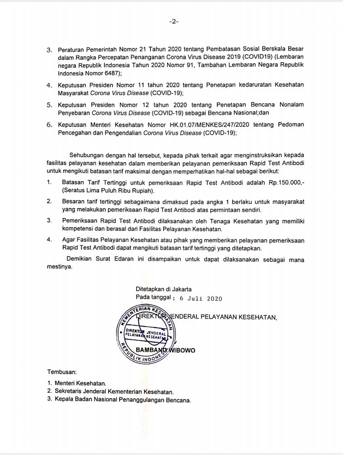 alvinlie21's tweet photo. Surat Edaran Kementerian Kesehatan RI nomor
HK.02.02/I/2875/2020 tentang Batasan Tarif Tertinggi Pemeriksaan Rapid Test Antibodi,

batasan tarif tertinggi untuk Pemeriksaan Rapid Test Antibodi adalah Rp.150.000

Selama ini penyedia layanan Rapid Test LABAnya luar biasa besar https://t.co/7W5Idc3yOz