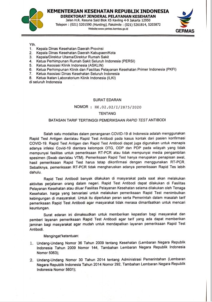 alvinlie21's tweet photo. Surat Edaran Kementerian Kesehatan RI nomor
HK.02.02/I/2875/2020 tentang Batasan Tarif Tertinggi Pemeriksaan Rapid Test Antibodi,

batasan tarif tertinggi untuk Pemeriksaan Rapid Test Antibodi adalah Rp.150.000

Selama ini penyedia layanan Rapid Test LABAnya luar biasa besar https://t.co/7W5Idc3yOz