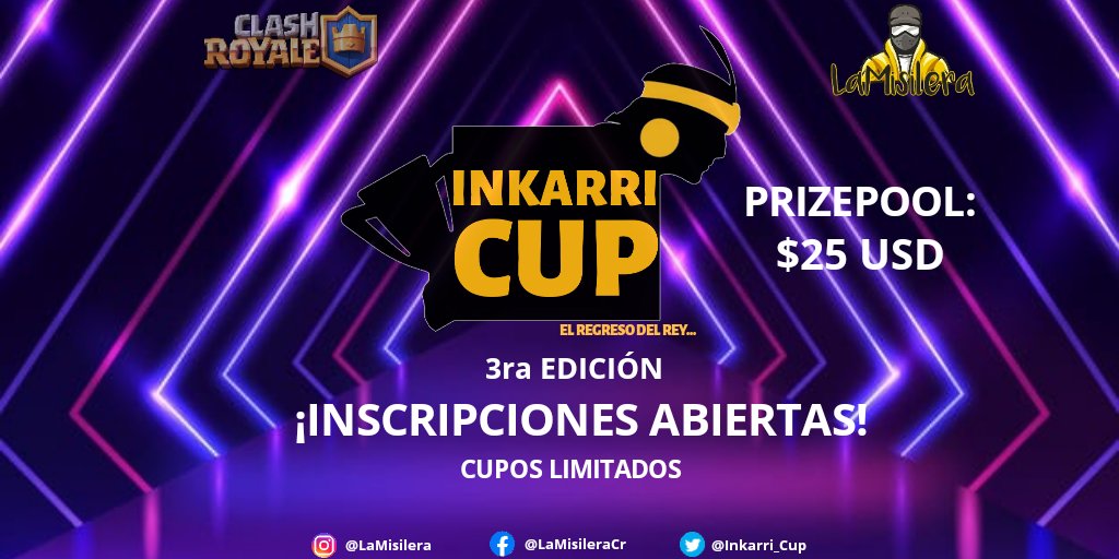 Inkarri Cup 🏆 3ra Edición 🔥⚔️🛡️

⬇️| Requisitos:
⚠️| Seguir a <a href="/CynthiiaR92/">Cindy❤️</a> 
⚠️| Seguirnos y a <a href="/LMisilera/">MisileraB</a>
⚠️| Conseguir 10 RT
⚠️| Mencionar a 4 equipos

💰| Prizepool: $25 USD
📈| Excelente organización 
🎙️| Transmisión en toda la competencia
👨‍⚖️| Árbitros

Pruebas al DM📩