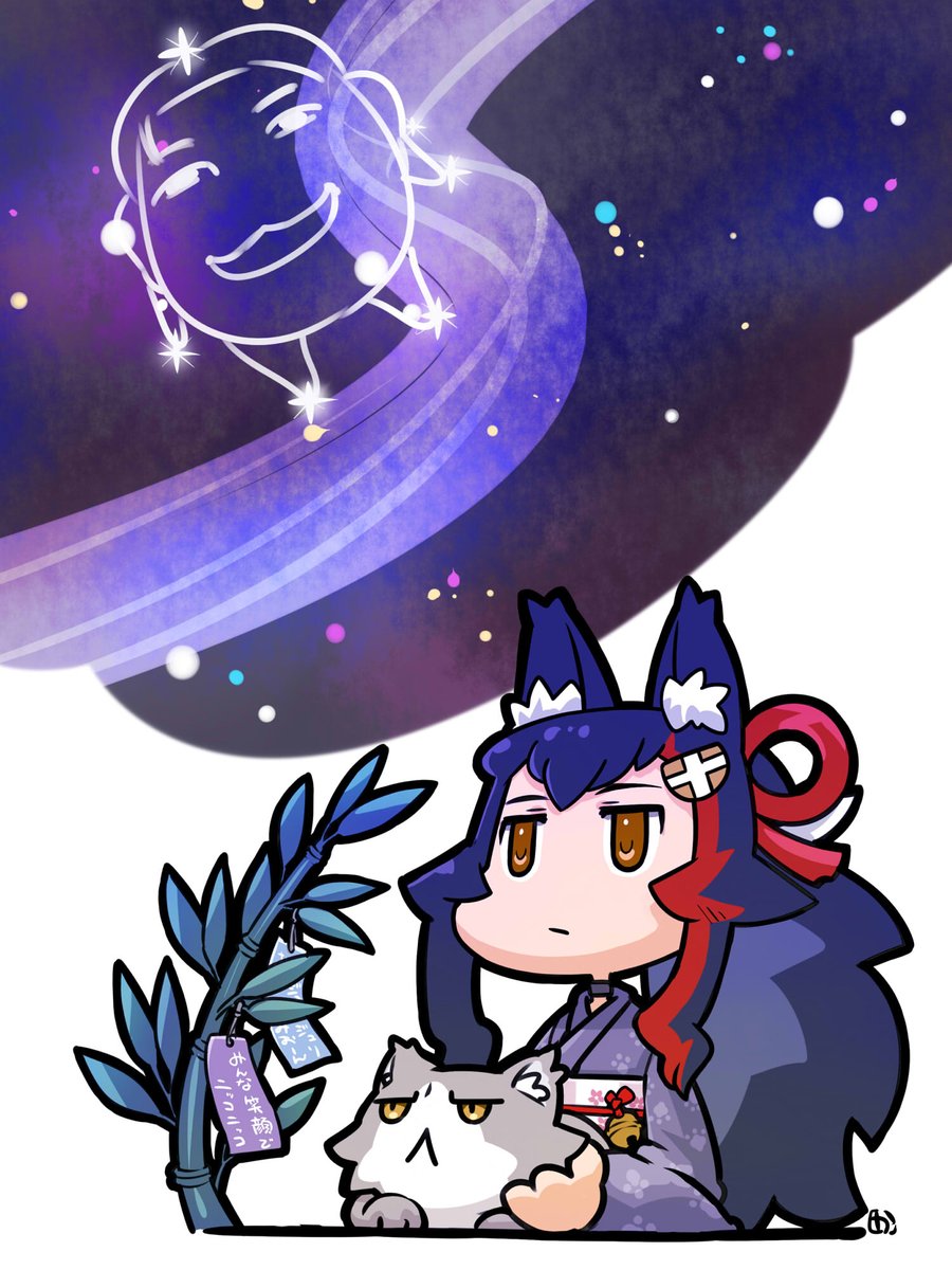 大神ミオ 「七夕ということをすっかり忘れてた;
曇りで見えないけど!

#みおーん絵
#ミオ」|かえるん🌲のイラスト
