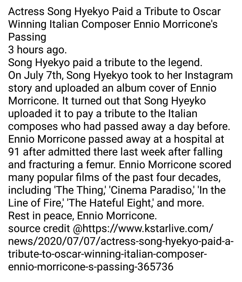 SHK_1122's tweet photo. Actress Song Hyekyo Paid a Tribute to Oscar Winning Italian Composer Ennio Morricone's Passing
 source credit @https://www.kstarlive.com/news/2020/07/07/actress-song-hyekyo-paid-a-tribute-to-oscar-winning-italian-composer-ennio-morricone-s-passing-365736 https://t.co/dw4hEnquq3