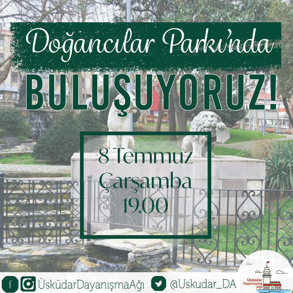 8 Temmuz Çarşamba(yarın) saat 19.00'da haftalık toplantımızı gerçekleştirmek için Doğancılar Parkı'nda buluşuyoruz! Hepinizi bekliyoruz 😊