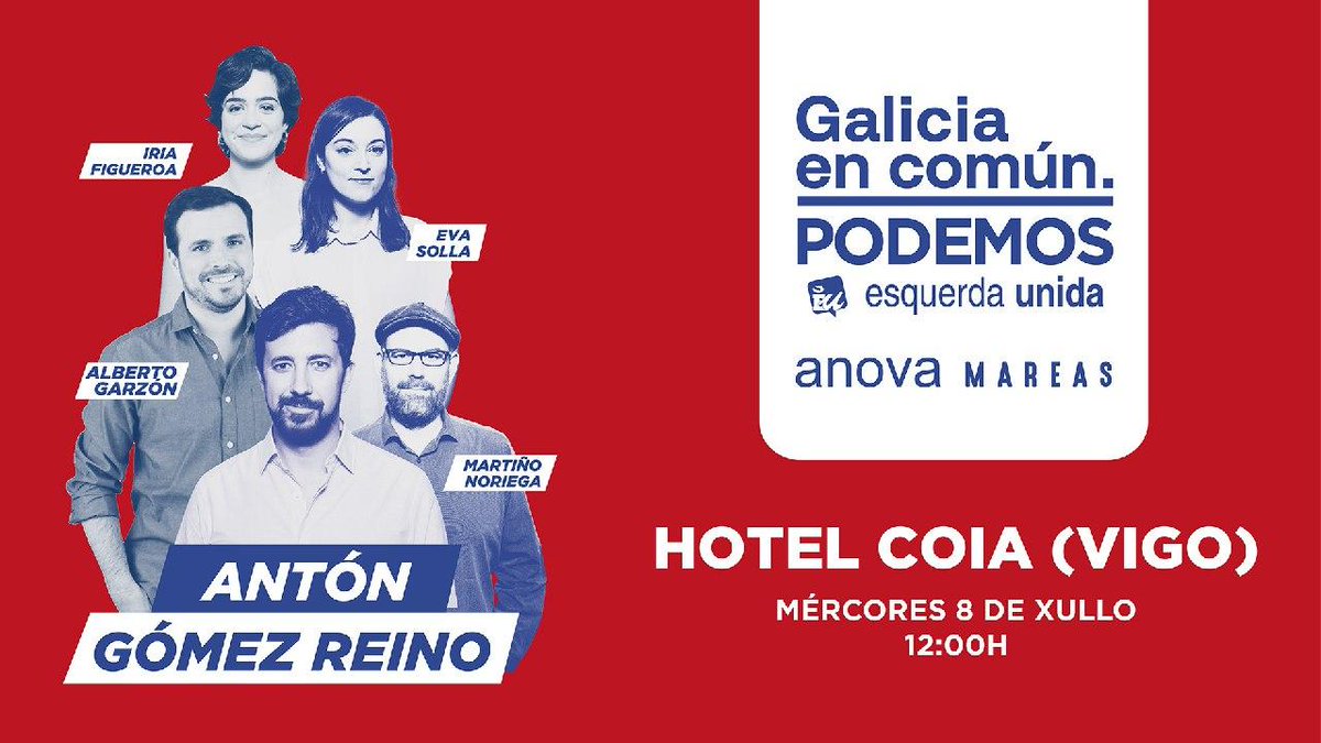 Mañá teremos con nós a Alberto Garzón en #Vigo
Sabemos que outra maneira de facer política é posible, e imos demostralo #ÉoMomento de Galicia en Común
🗓️Mércores 8 de xullo
📌No hotel Coia ás 12h
📽️En directo desde as nosas redes

#ConstruírmosoFuturo