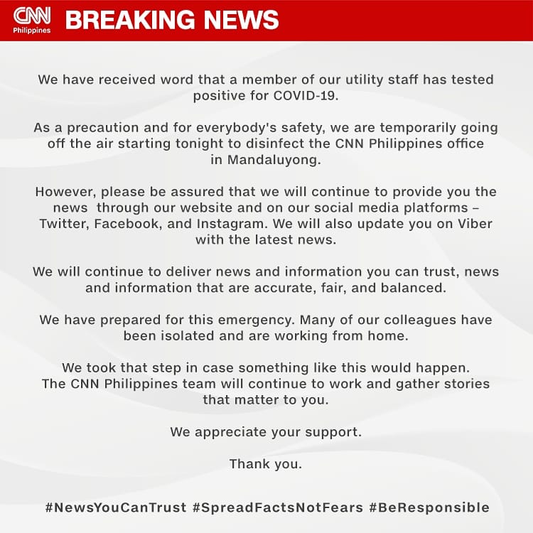 menchumacapagal's tweet image. #CNNPh will be going off-air for a few days to give way to disinfection of our studios but we will continue to bring you news online.
Our utility staff is asymptomatic and is now undergoing self-quarantine. Pinagdadasal namin na tuluyan siyang gumaling. Stay safe everyone! 🙏🙏🙏