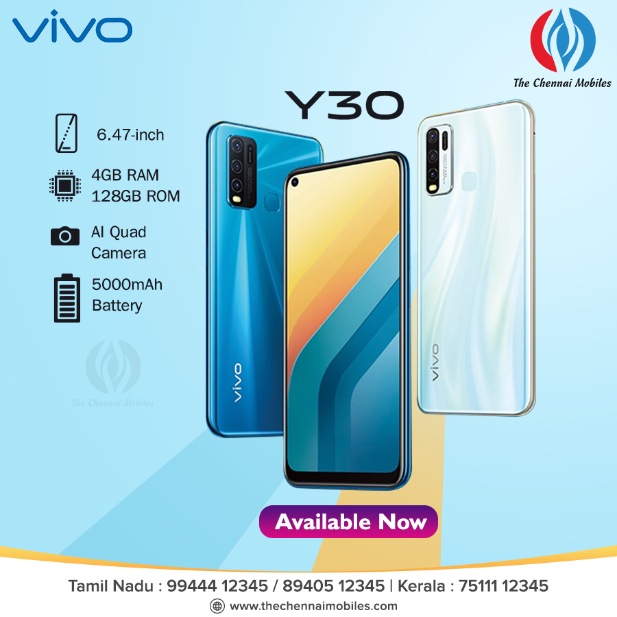 ChennaiMobiles_'s tweet image. The talk is about #VivoY30 which is a new addition to our stores. All good features in one smartphone at a pocket- friendly price. Buy for its #5000mAh battery, #AIquadcamera, and many must-have features. Available in #MoonstoneWhite and #DazzleBlue. 

#thechennaimobiles #vivo