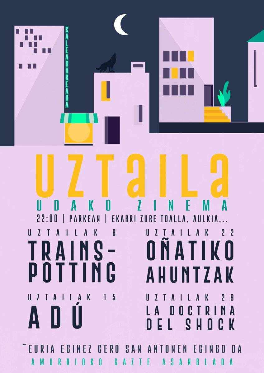 🤔📽️Baina, zeintzuk izango dira proiektatuko ditugun pelikulak?? 

UZTAILAK 8 ➡️TRAINSPOTTING
UZTAILAK 15 ➡️ ADÚ
UZTAILAK 22 ➡️ OÑATIKO AHUNTZAK
UZTAILAK 29 ➡️ LA DOCTRINA DEL SHOCK

Parkean ikusiko dugu elkar!