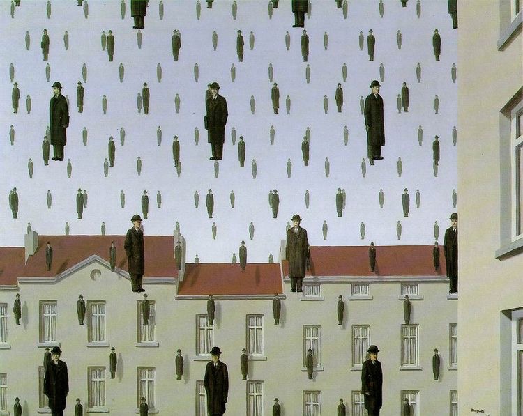 21/ « Golconde » de René Magritte, 1953. Couverture du tome 23 de Jojolion par Hirohiko Araki en avril 2020.