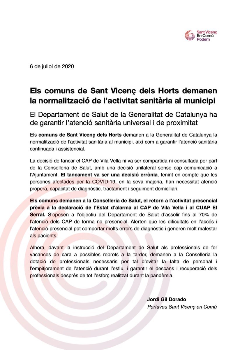 StVicencECPodem's tweet photo. 📝 COMUNICAT

🗣 @jgildorado: "Els Comuns de #SantVicençdelsHorts demanem a la Conselleria de @salutcat el retorn a l'activitat presencial al CAP de Vila Vella i Al CUAP El Serral"

❌ No som un municipi de segona. Exigim el dret a una atenció sanitària universal i de proximitat. https://t.co/eTQRB4c51e