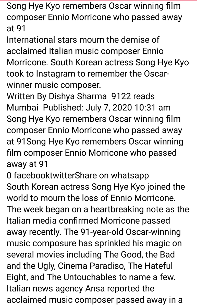 SHK_1122's tweet photo. Song Hye Kyo remembers Oscar winning film composer Ennio Morricone who passed away at 91
Source Credit @https://www.pinkvilla.com/entertainment/hollywood/song-hye-kyo-remembers-oscar-winning-film-composer-ennio-morricone-who-passed-away-91-547327 https://t.co/Q0dAuquPGt