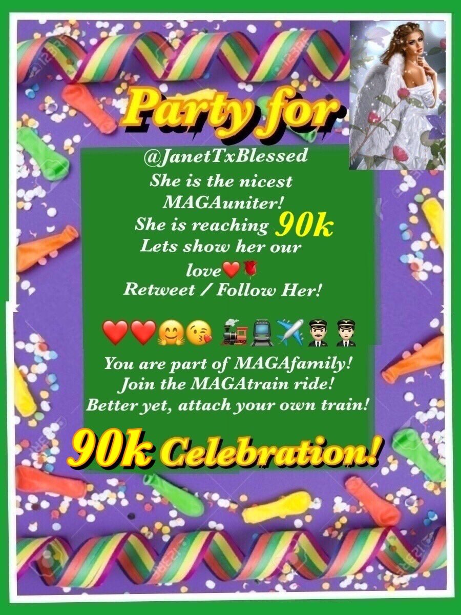 @JanetTXBlessed .🚨KAG4ALL 90K🚨 WhatAmazingAccomplishment, InShortThreeMonths, Adding1️⃣0️⃣K NowReaching9️⃣0️⃣K🎁🎉🎊🎈 😳😳😳See_A_MAGA_STAR🤩💃🏼 All_MAGApatriots_come...Celebrate! YourHardWork_UnitingUs... DulyRecognized...Appreciated🙏 🙏PlzRetweet&FollowHer🌹🙏 @JanetTXBlessed @Stonekeeper3
