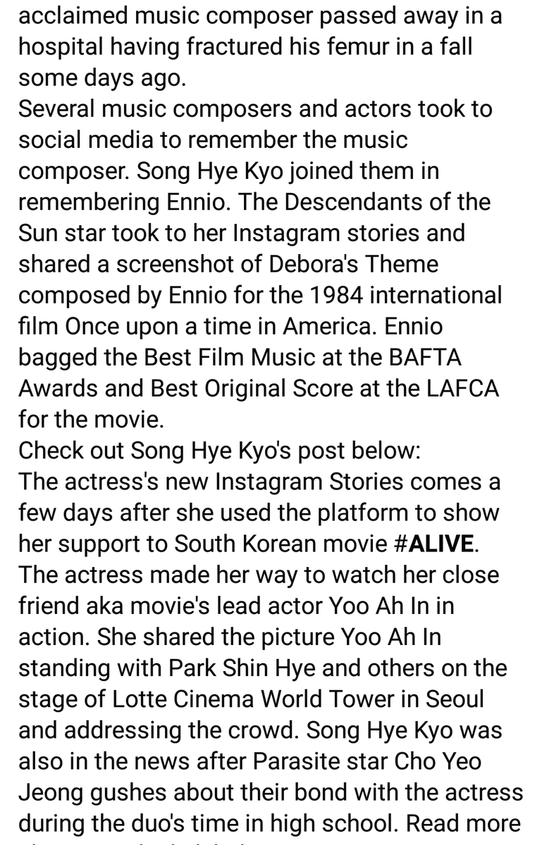 SHK_1122's tweet photo. Song Hye Kyo remembers Oscar winning film composer Ennio Morricone who passed away at 91
Source Credit @https://www.pinkvilla.com/entertainment/hollywood/song-hye-kyo-remembers-oscar-winning-film-composer-ennio-morricone-who-passed-away-91-547327 https://t.co/Q0dAuquPGt