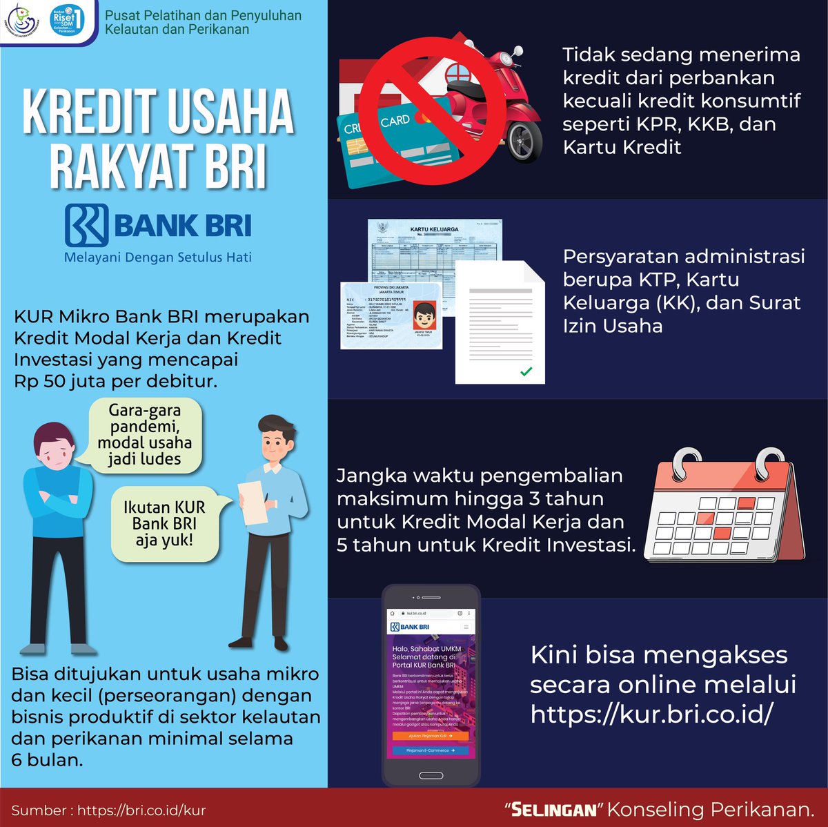 bppsdm_puslatkp's tweet photo. Mimin balik lagi bahas seputar program Kredit Usaha Rakyat (KUR) 😎😎

Kali ini kita bahas KUR @BANKBRI_ID. Dgn skema bunga 6%, #MinaMania bisa mengajukan kredit selama 3-5 tahun lho😱😱

Segera hubungi penyuluh perikanan di wilayah kalian untuk konsultasi &amp; kembangkan usaha.🤝 https://t.co/L3xBinc8b7